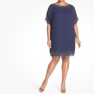 Xscape Embellished Split Sleeve Chiffon Shift Dress Navy Size 18W Cocktail